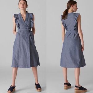 Whistles Bkue Misha Chambray Wrap Dress Linen Blend- 12